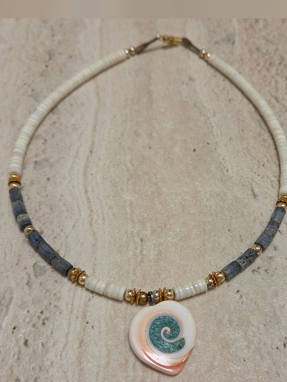 Handcrafted Puka & Blue Shell Pendant Necklace